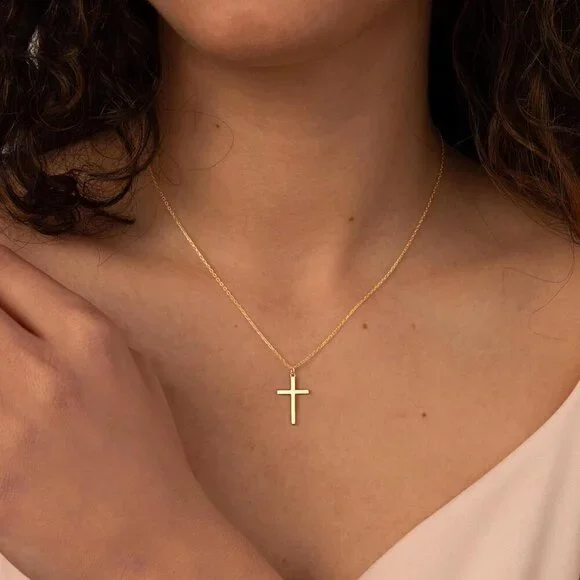 Women 04 Simple Cross Gold 14K Gold Silver Cross Necklace - Non Tarnish Jewelry - Picture 2 of 8